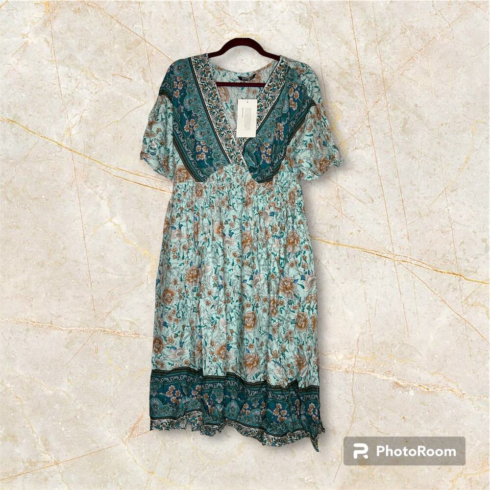 BloomChic 1X 14 16 Blue Floral Midi Boho Dress Short Sleeve Women